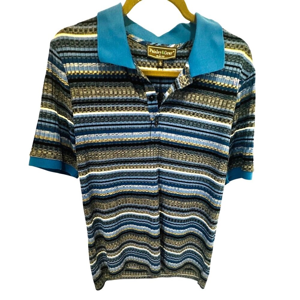 NWT Paisley & Gray Mens XL Slim Fit Polo Shirt Blue Stripe Casual Office Busines